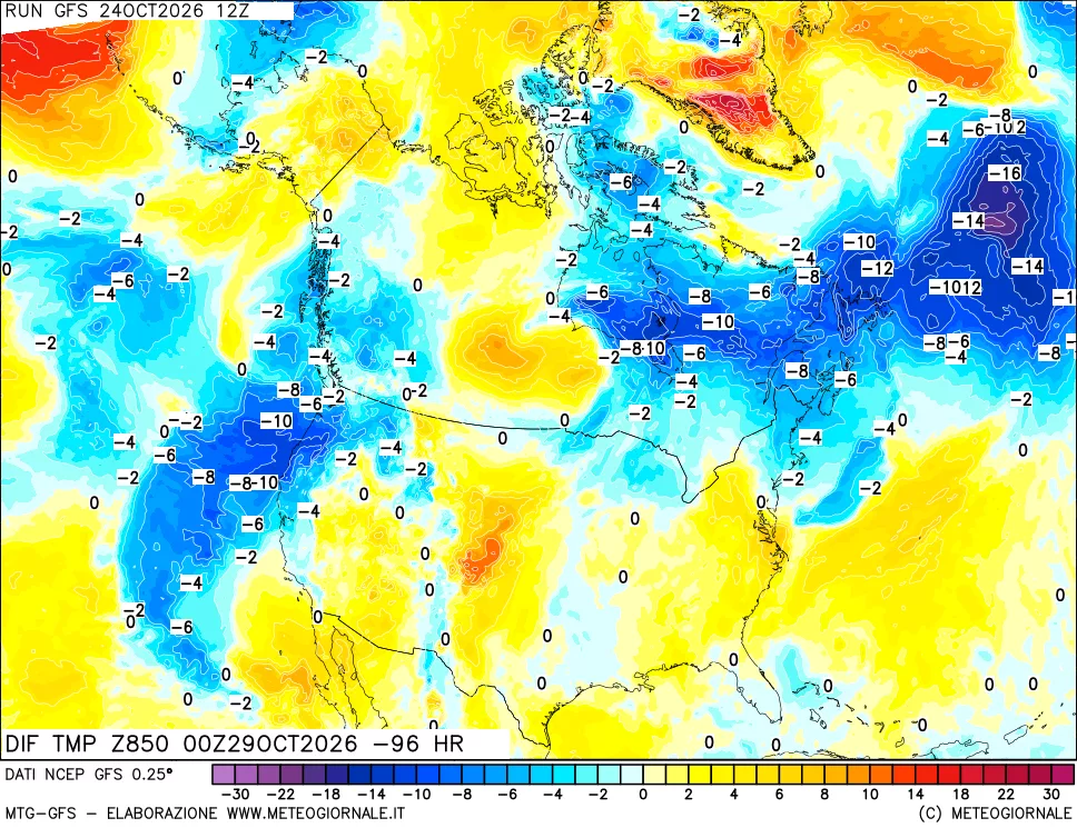 mappa Dif. Temp a 850 hPa Valid - Init