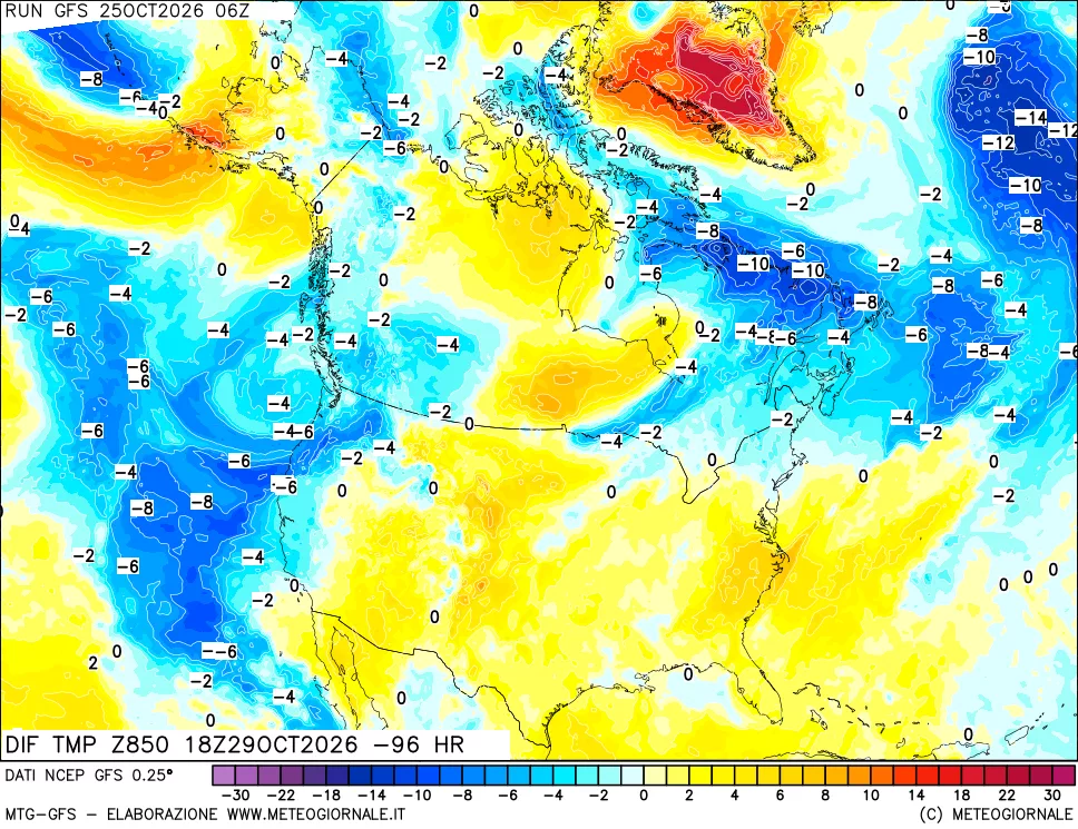 mappa Dif. Temp a 850 hPa Valid - Init