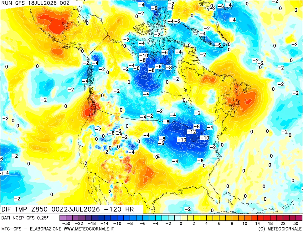 mappa Dif. Temp a 850 hPa Valid - Init