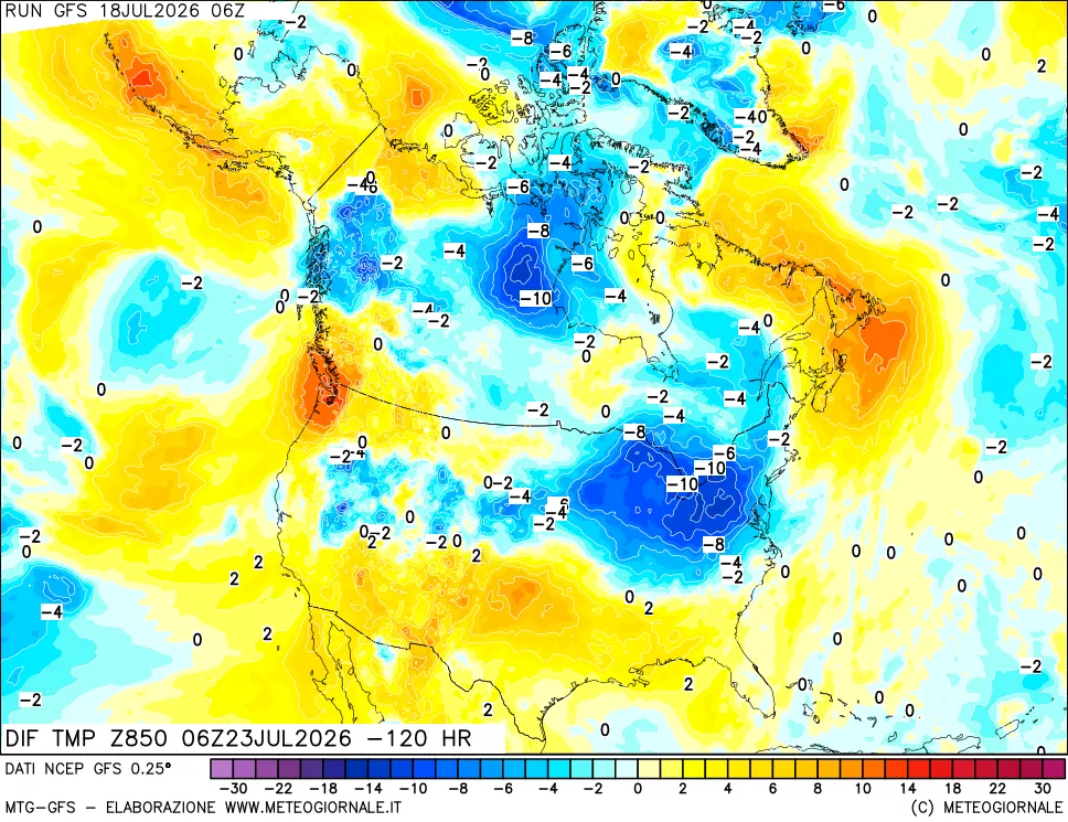 mappa Dif. Temp a 850 hPa Valid - Init