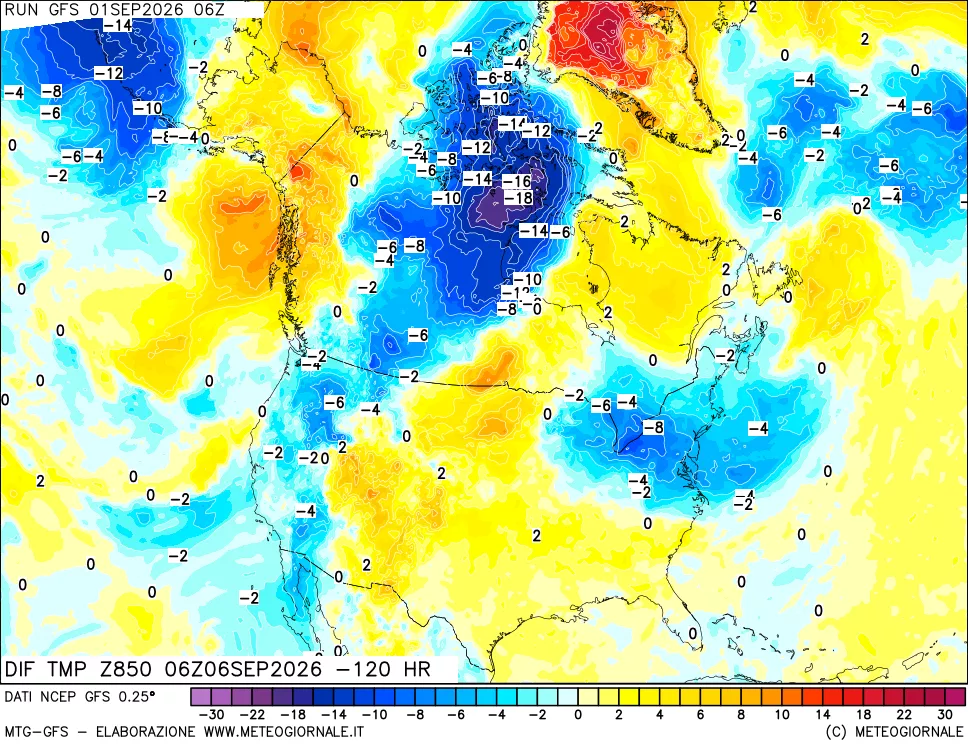 mappa Dif. Temp a 850 hPa Valid - Init