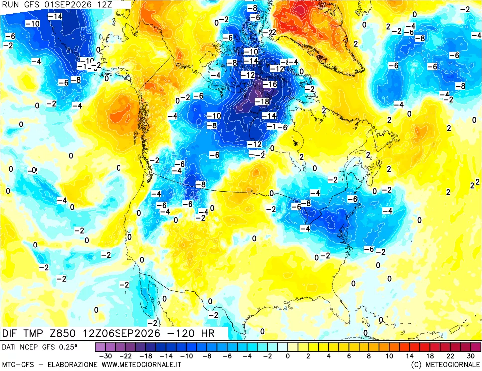 mappa Dif. Temp a 850 hPa Valid - Init