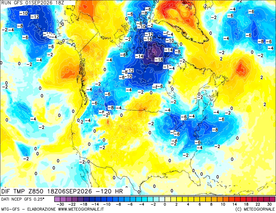 mappa Dif. Temp a 850 hPa Valid - Init