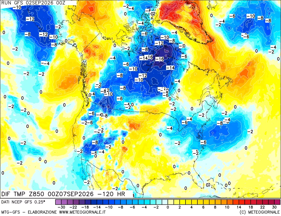 mappa Dif. Temp a 850 hPa Valid - Init