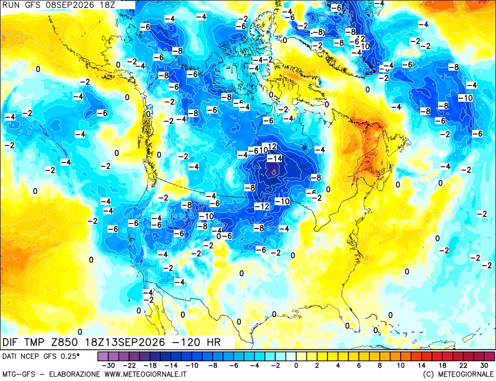 mappa Dif. Temp a 850 hPa Valid - Init