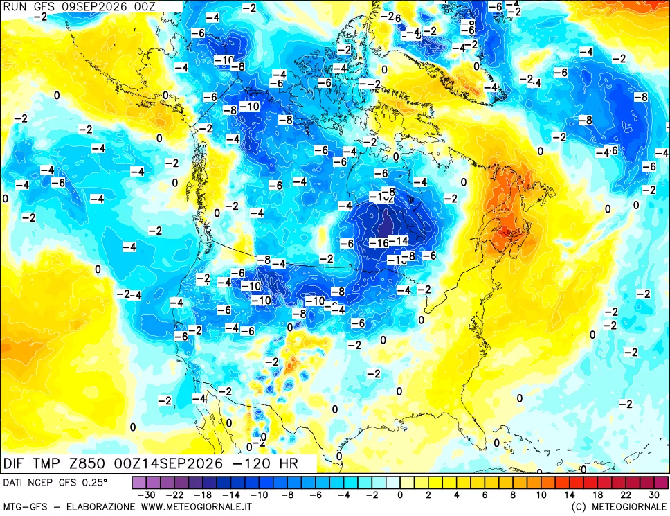 mappa Dif. Temp a 850 hPa Valid - Init