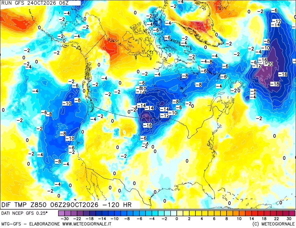 mappa Dif. Temp a 850 hPa Valid - Init