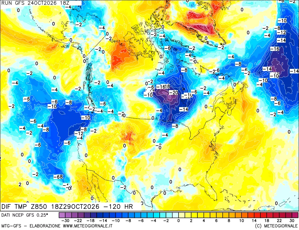 mappa Dif. Temp a 850 hPa Valid - Init