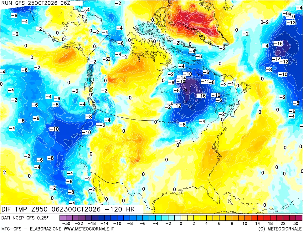 mappa Dif. Temp a 850 hPa Valid - Init
