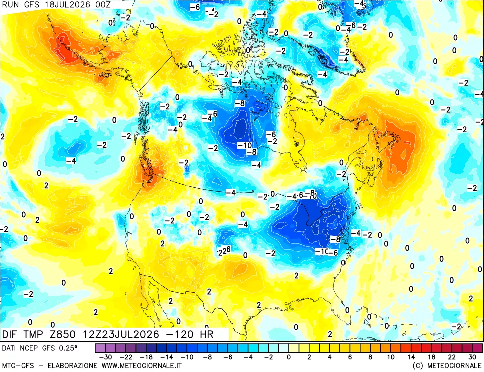 mappa Dif. Temp a 850 hPa Valid - Init