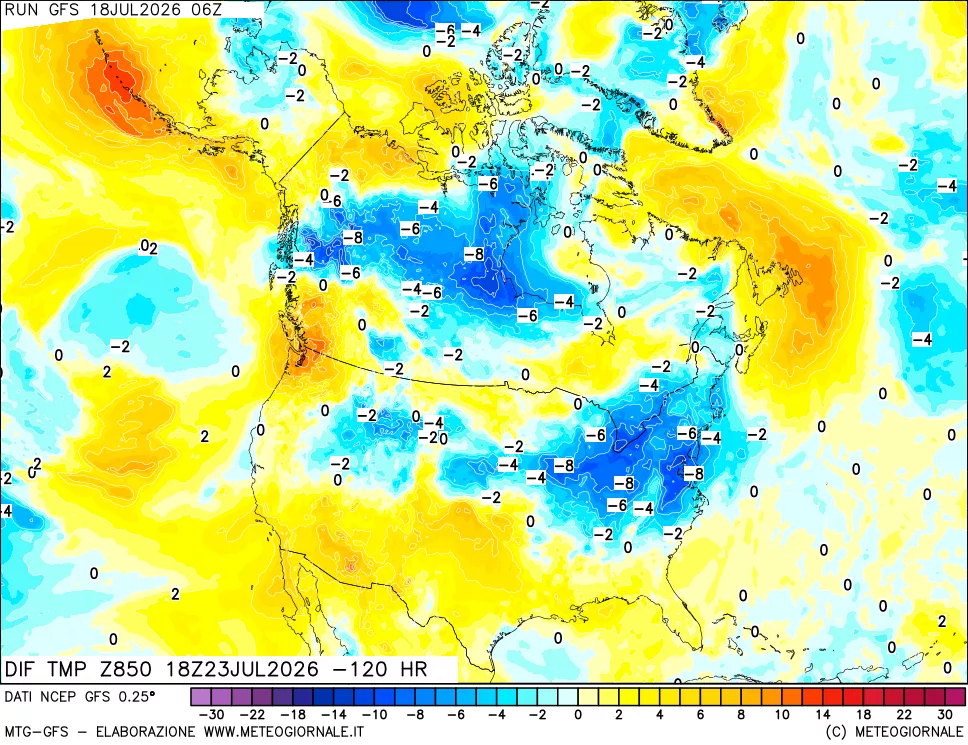 mappa Dif. Temp a 850 hPa Valid - Init