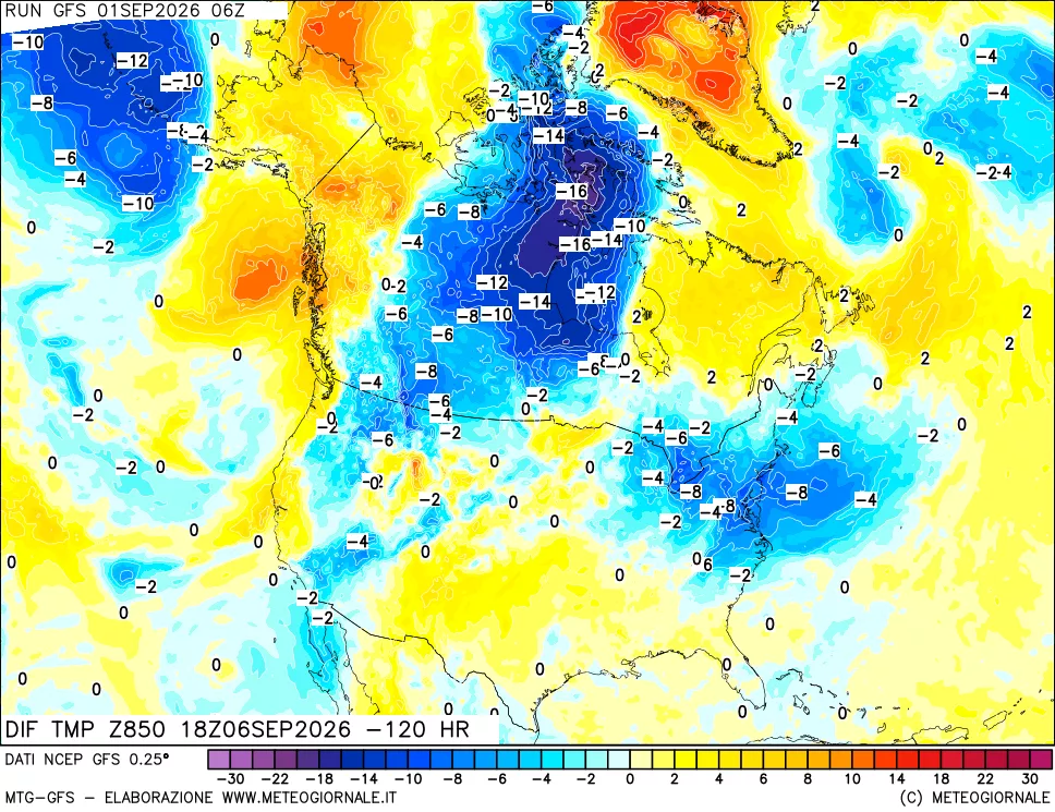 mappa Dif. Temp a 850 hPa Valid - Init