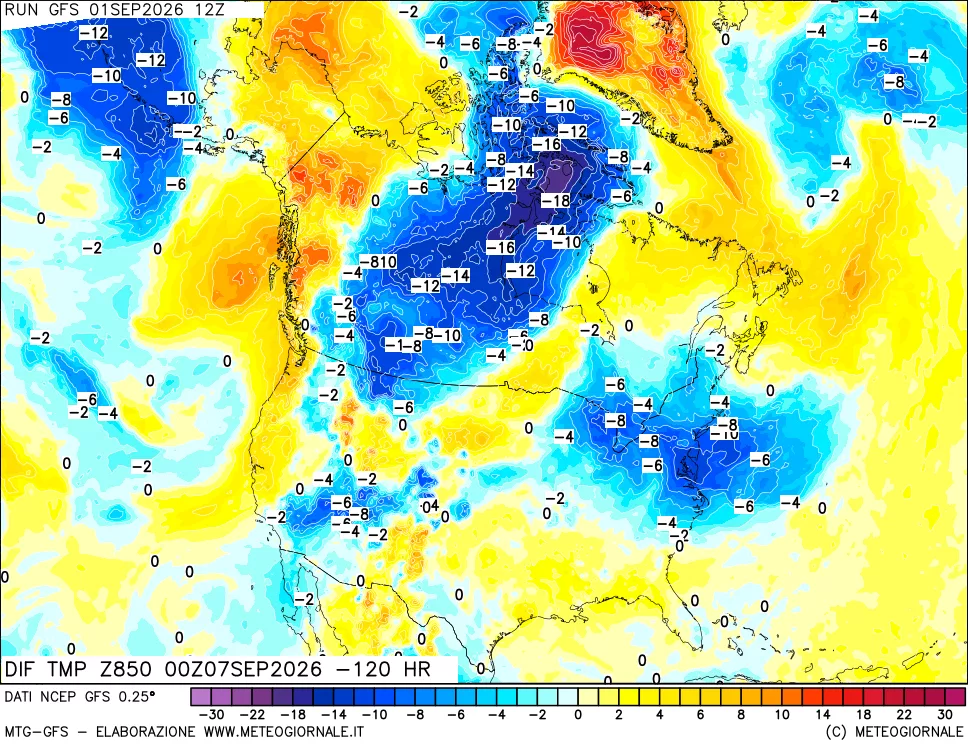 mappa Dif. Temp a 850 hPa Valid - Init