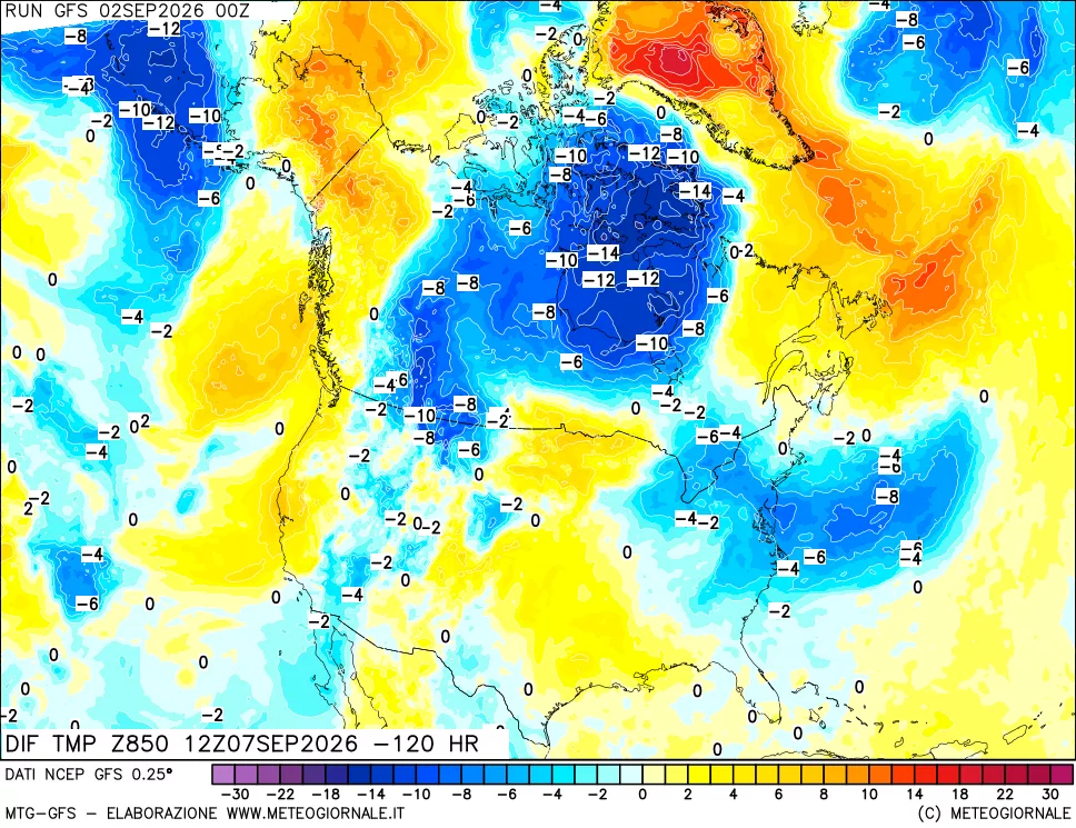 mappa Dif. Temp a 850 hPa Valid - Init