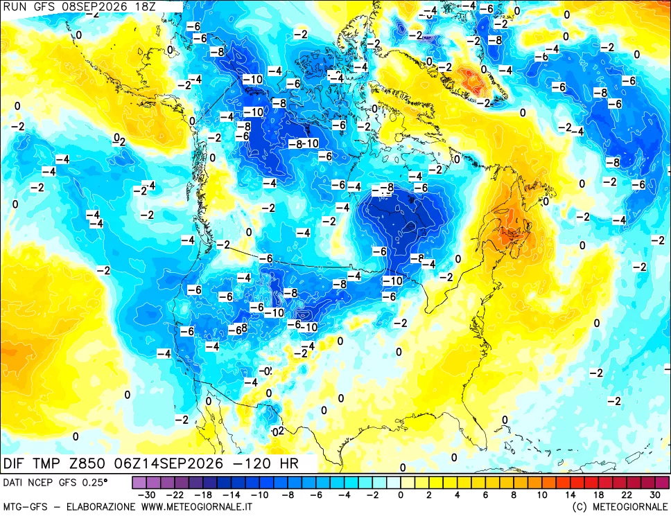 mappa Dif. Temp a 850 hPa Valid - Init