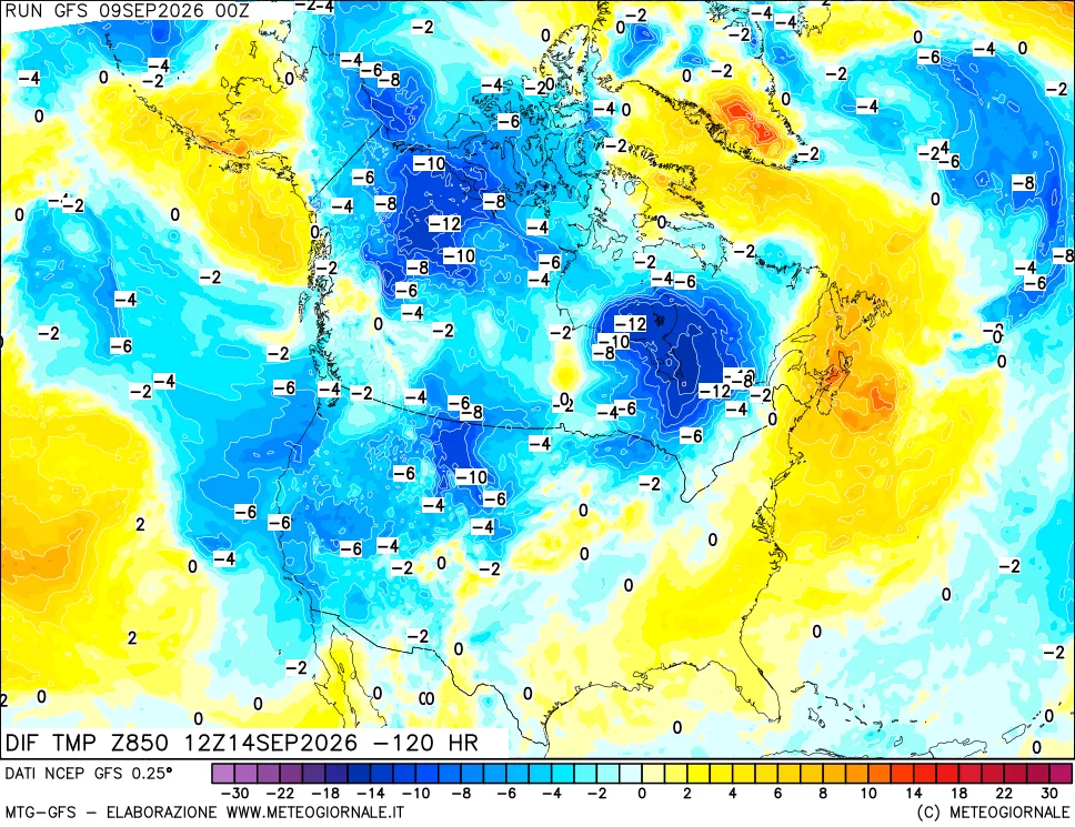 mappa Dif. Temp a 850 hPa Valid - Init