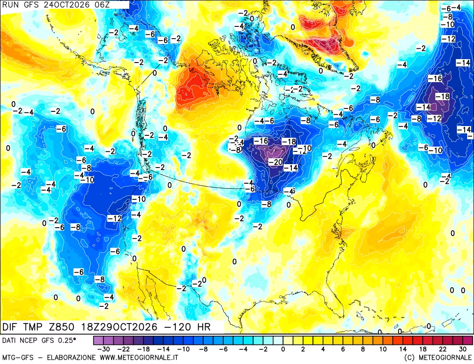 mappa Dif. Temp a 850 hPa Valid - Init