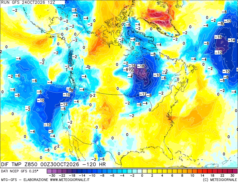 mappa Dif. Temp a 850 hPa Valid - Init