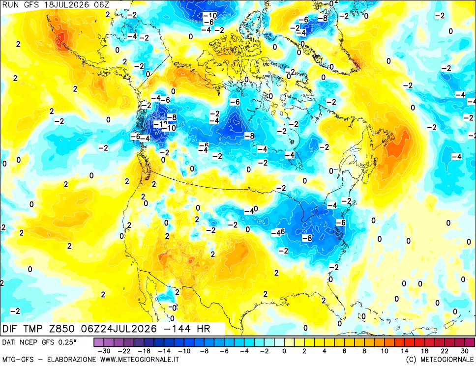 mappa Dif. Temp a 850 hPa Valid - Init