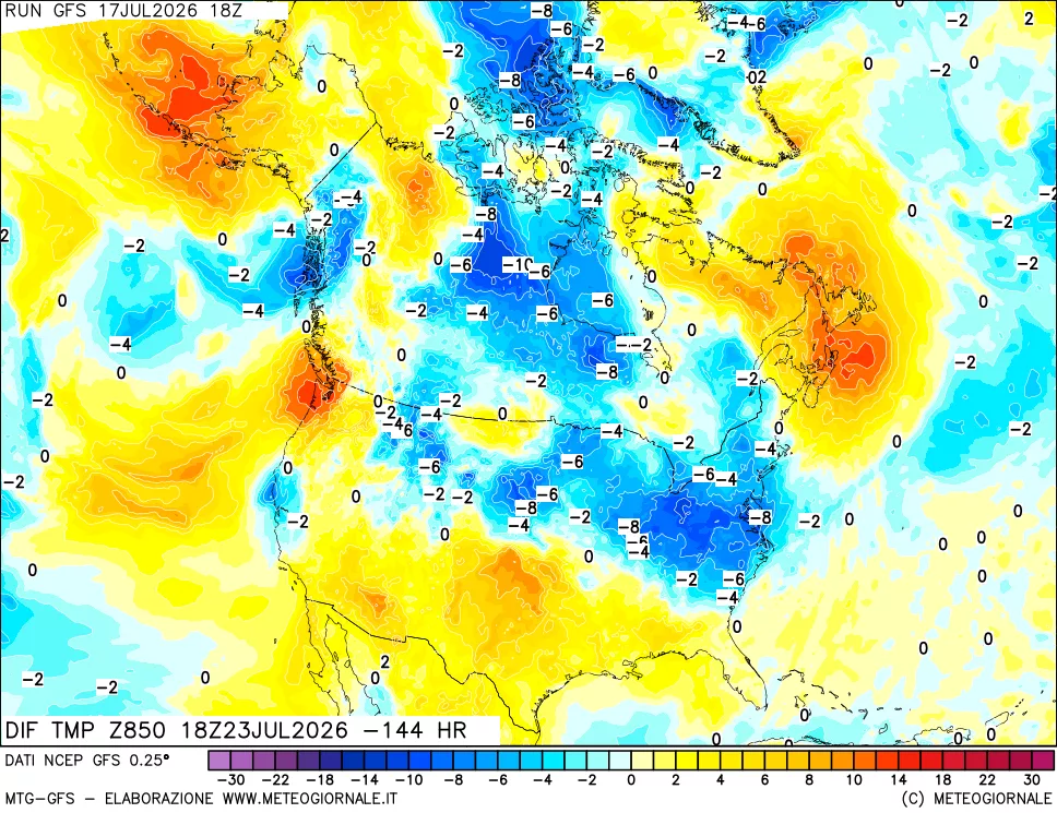 mappa Dif. Temp a 850 hPa Valid - Init