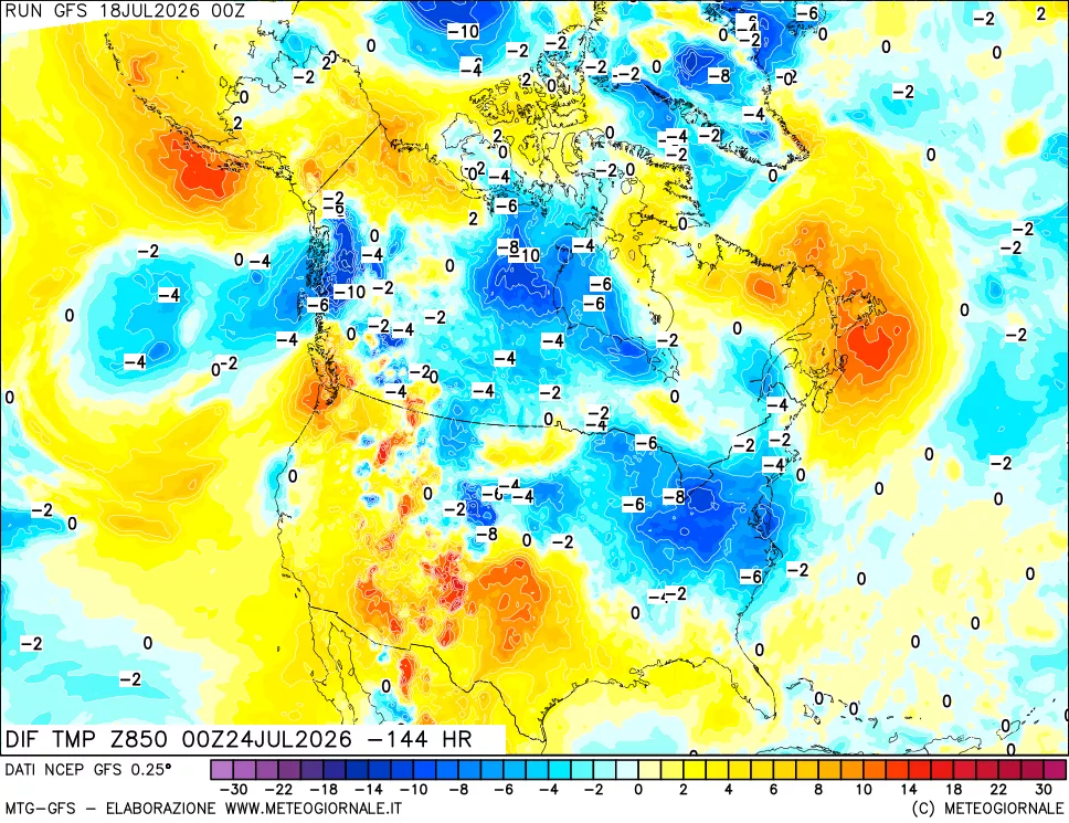 mappa Dif. Temp a 850 hPa Valid - Init