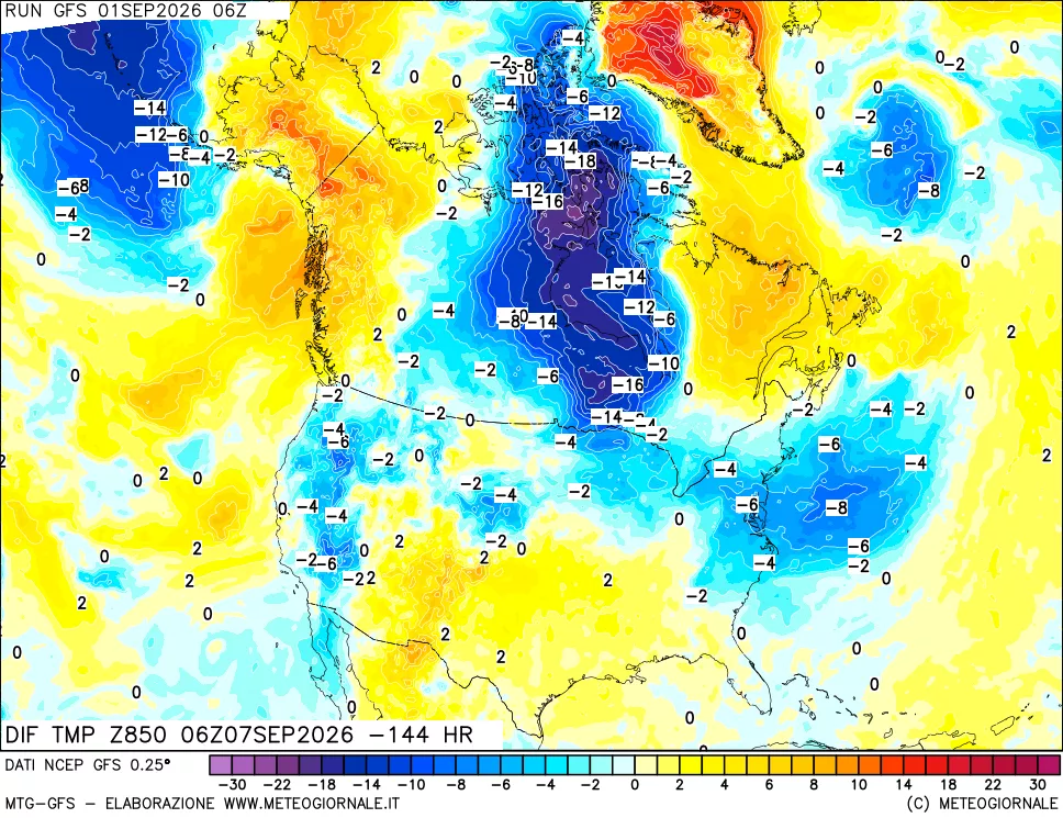 mappa Dif. Temp a 850 hPa Valid - Init