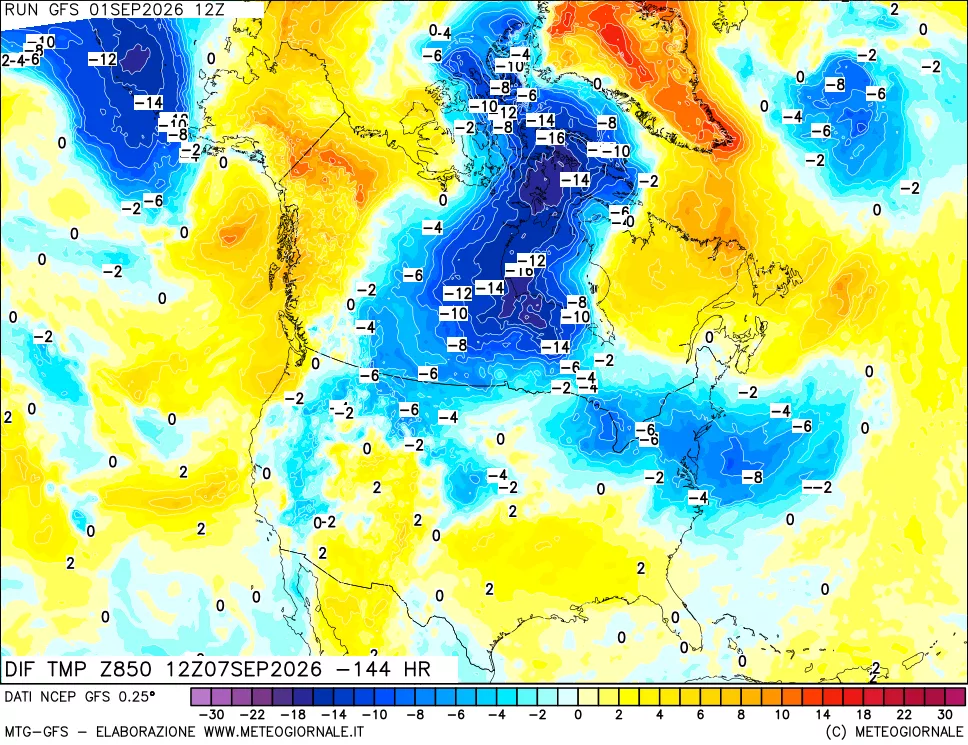 mappa Dif. Temp a 850 hPa Valid - Init