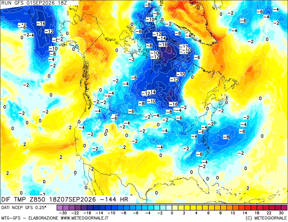 mappa Dif. Temp a 850 hPa Valid - Init