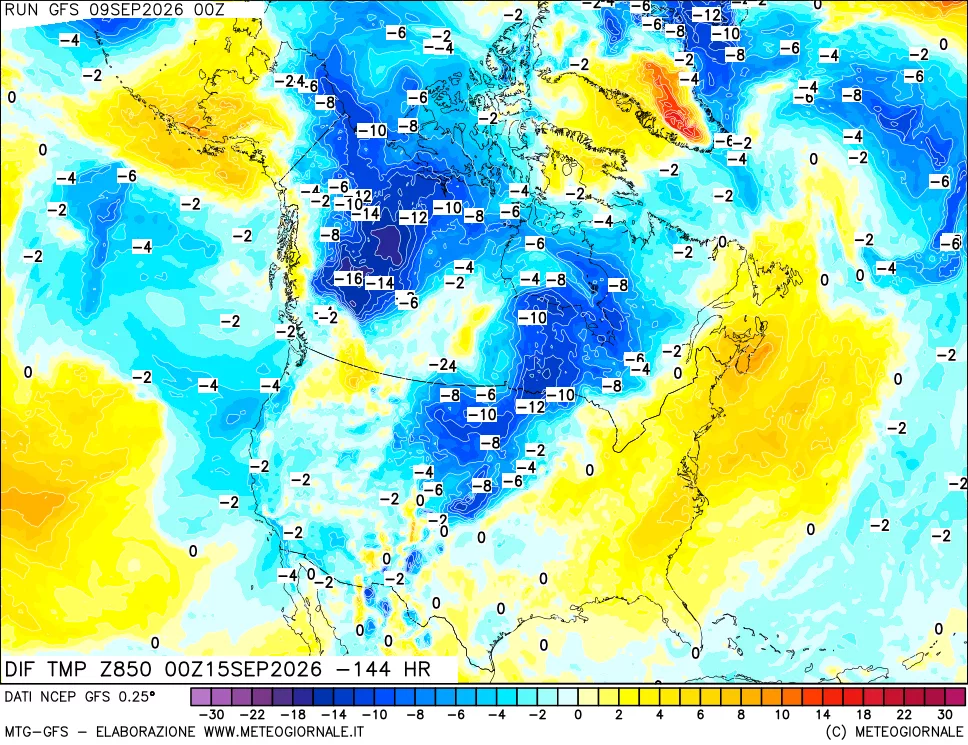mappa Dif. Temp a 850 hPa Valid - Init