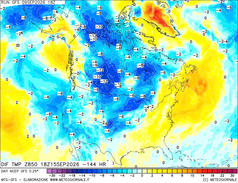 mappa Dif. Temp a 850 hPa Valid - Init