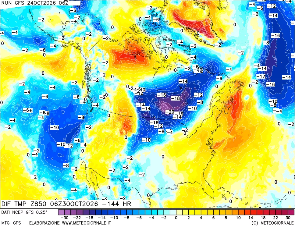 mappa Dif. Temp a 850 hPa Valid - Init