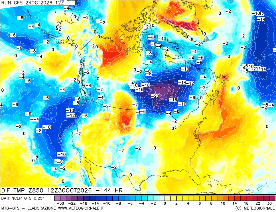 mappa Dif. Temp a 850 hPa Valid - Init