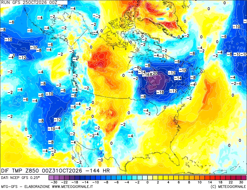 mappa Dif. Temp a 850 hPa Valid - Init