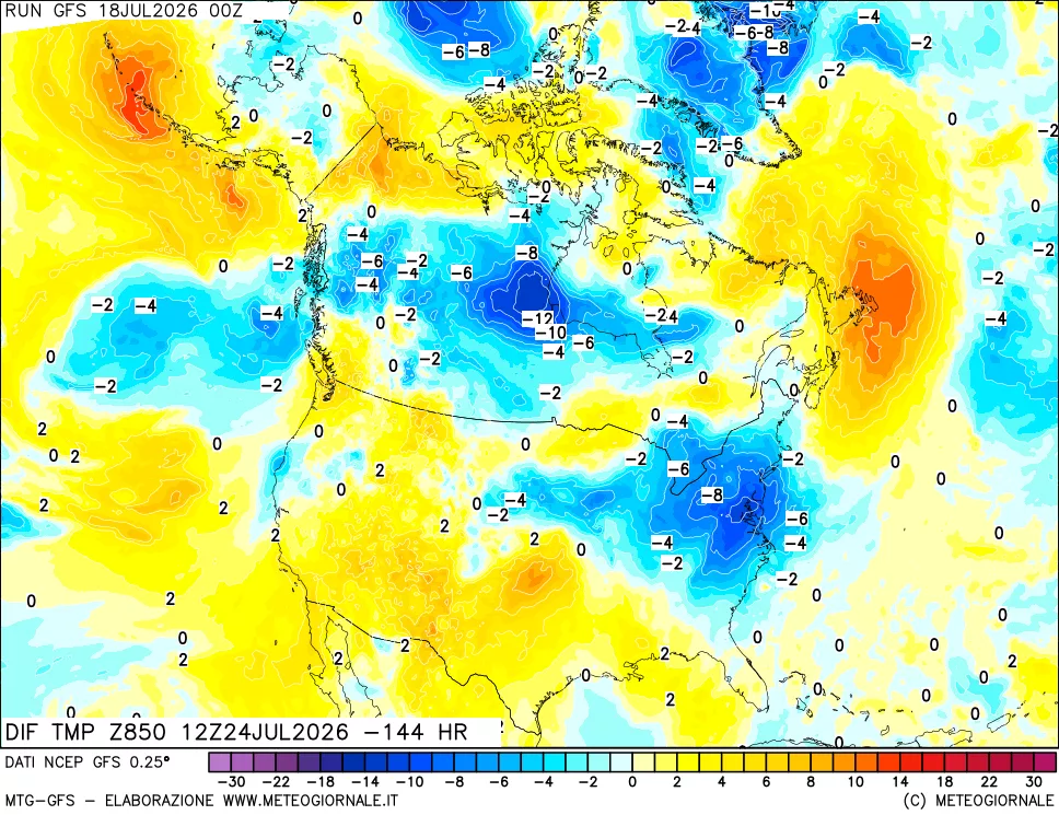 mappa Dif. Temp a 850 hPa Valid - Init