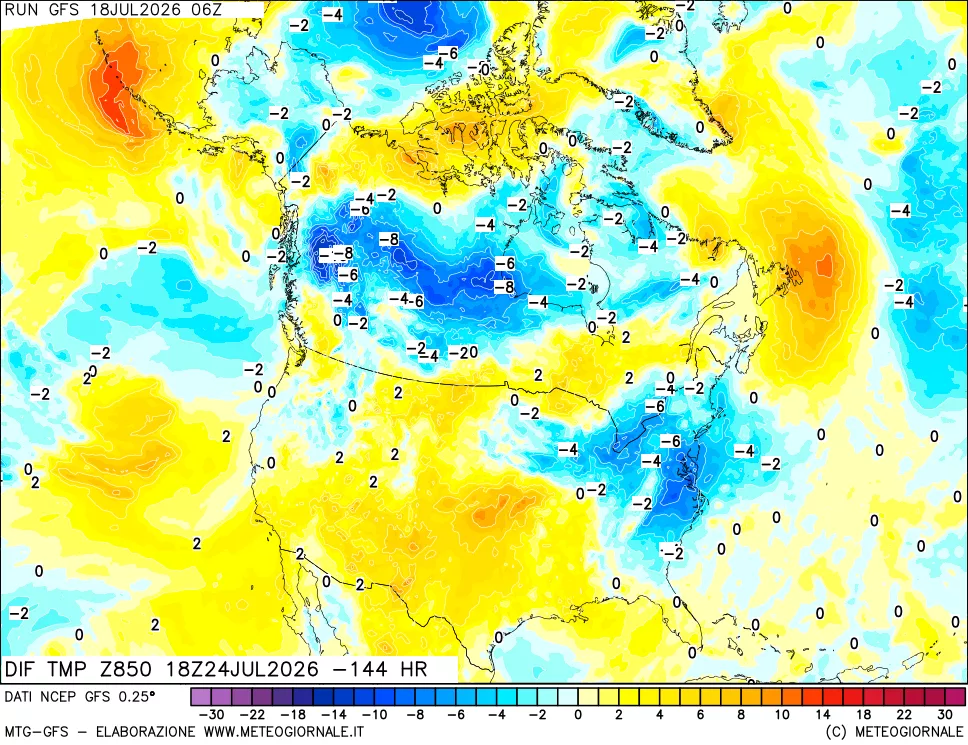 mappa Dif. Temp a 850 hPa Valid - Init