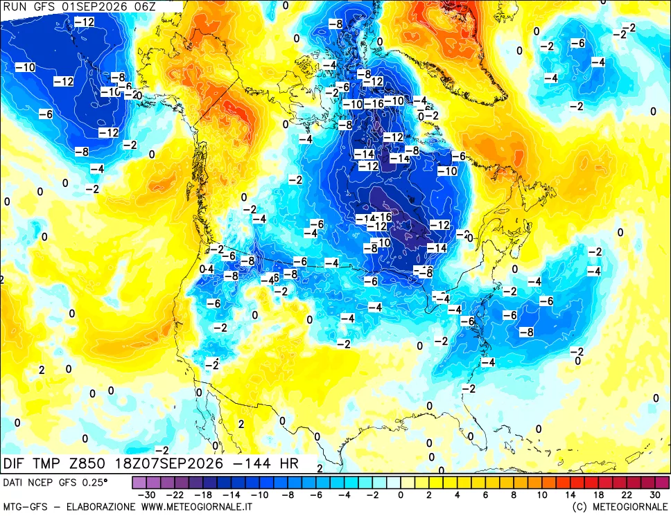 mappa Dif. Temp a 850 hPa Valid - Init