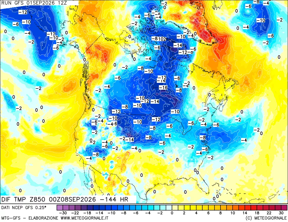 mappa Dif. Temp a 850 hPa Valid - Init