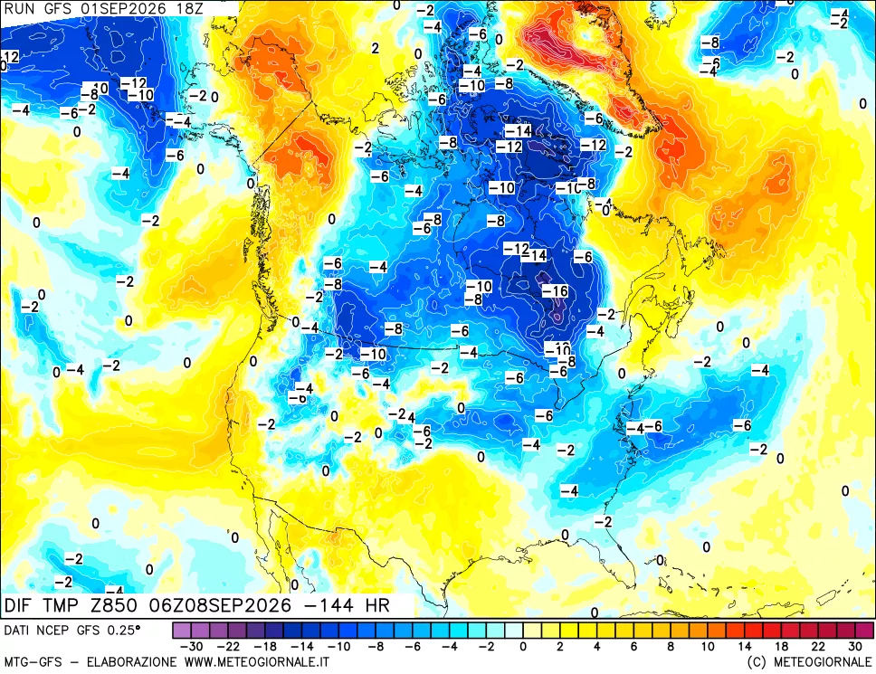 mappa Dif. Temp a 850 hPa Valid - Init