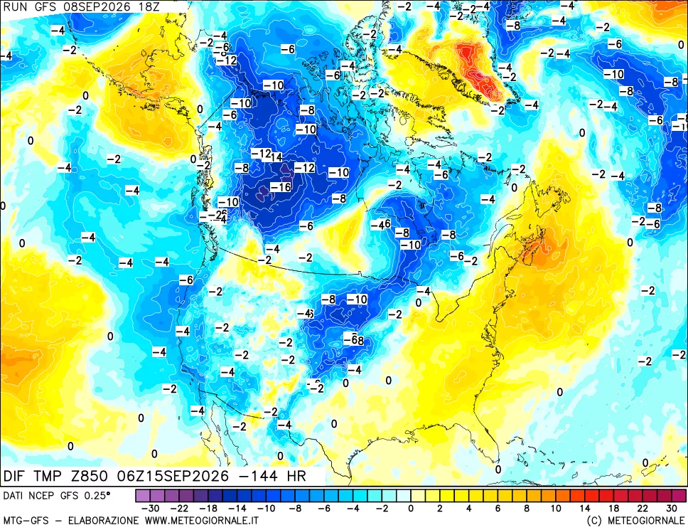 mappa Dif. Temp a 850 hPa Valid - Init