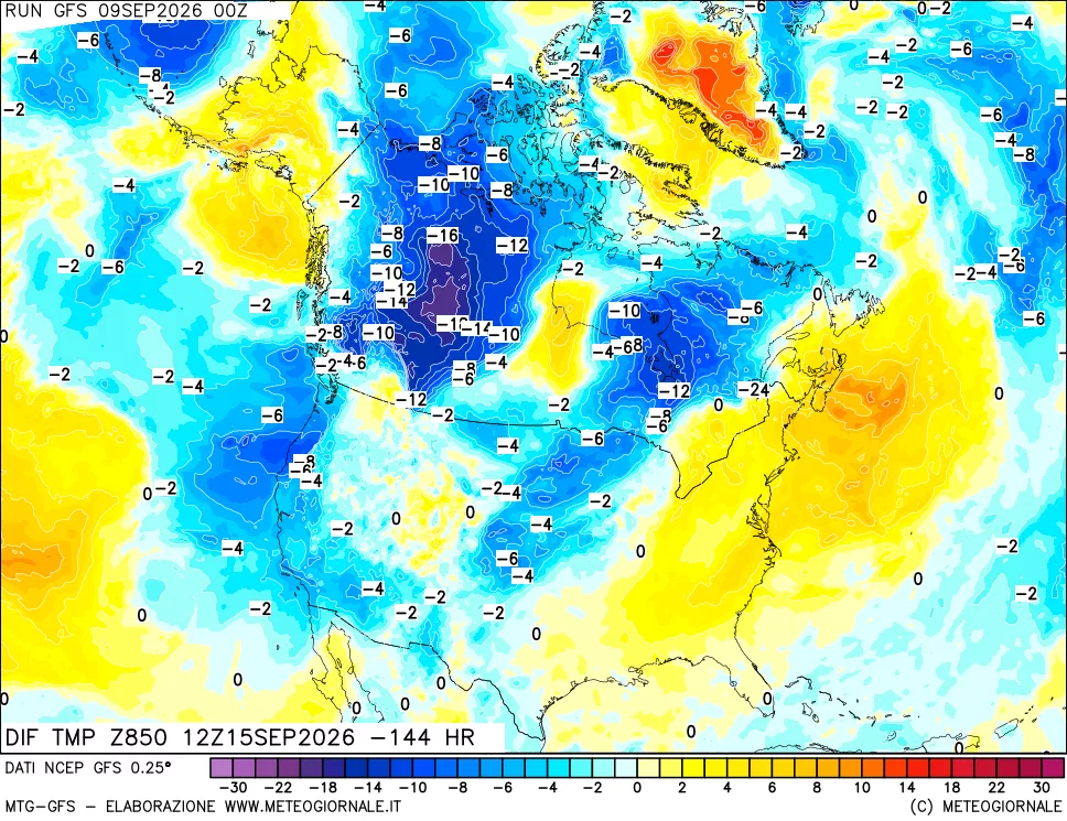 mappa Dif. Temp a 850 hPa Valid - Init