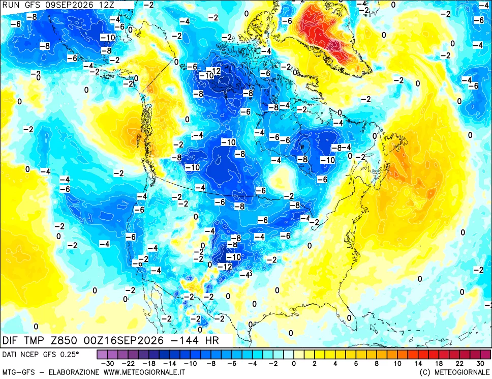 mappa Dif. Temp a 850 hPa Valid - Init