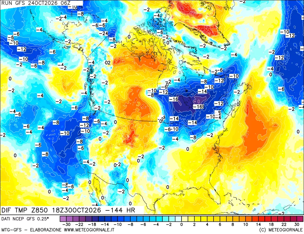 mappa Dif. Temp a 850 hPa Valid - Init