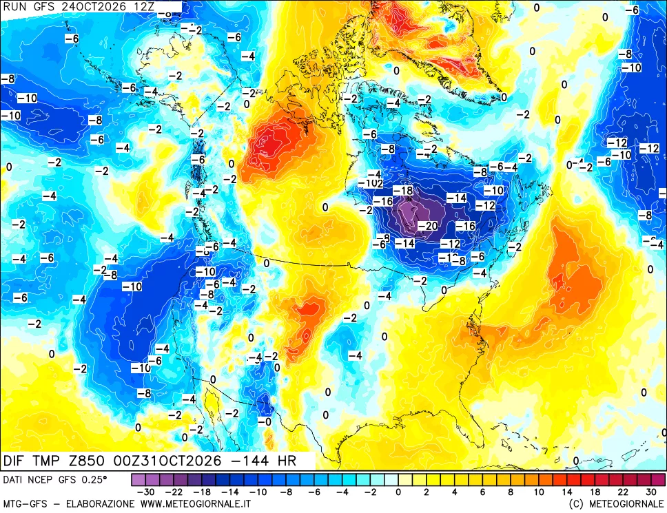 mappa Dif. Temp a 850 hPa Valid - Init