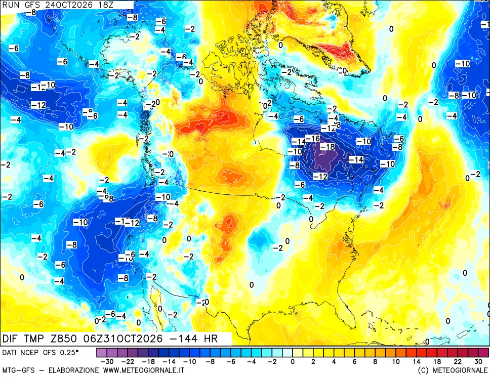 mappa Dif. Temp a 850 hPa Valid - Init