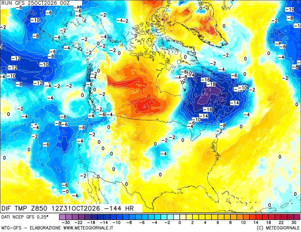 mappa Dif. Temp a 850 hPa Valid - Init
