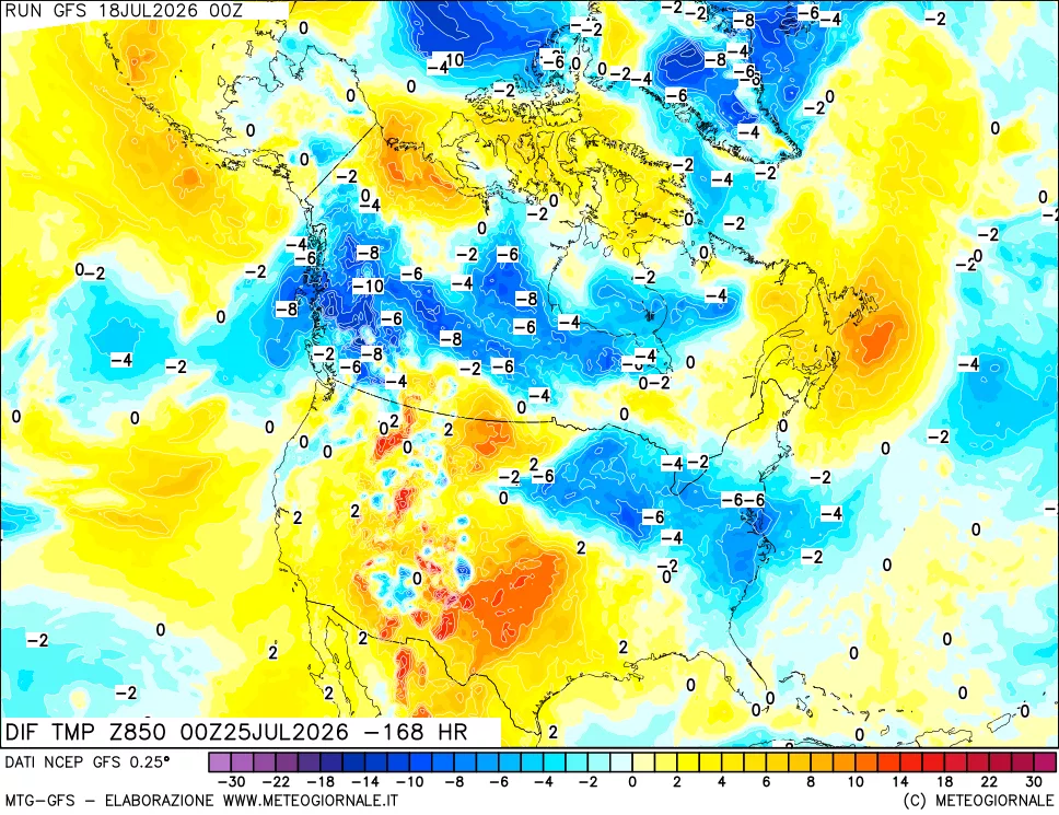 mappa Dif. Temp a 850 hPa Valid - Init