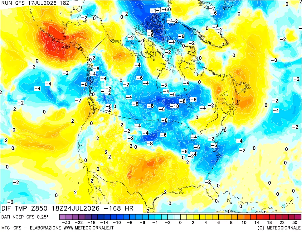 mappa Dif. Temp a 850 hPa Valid - Init