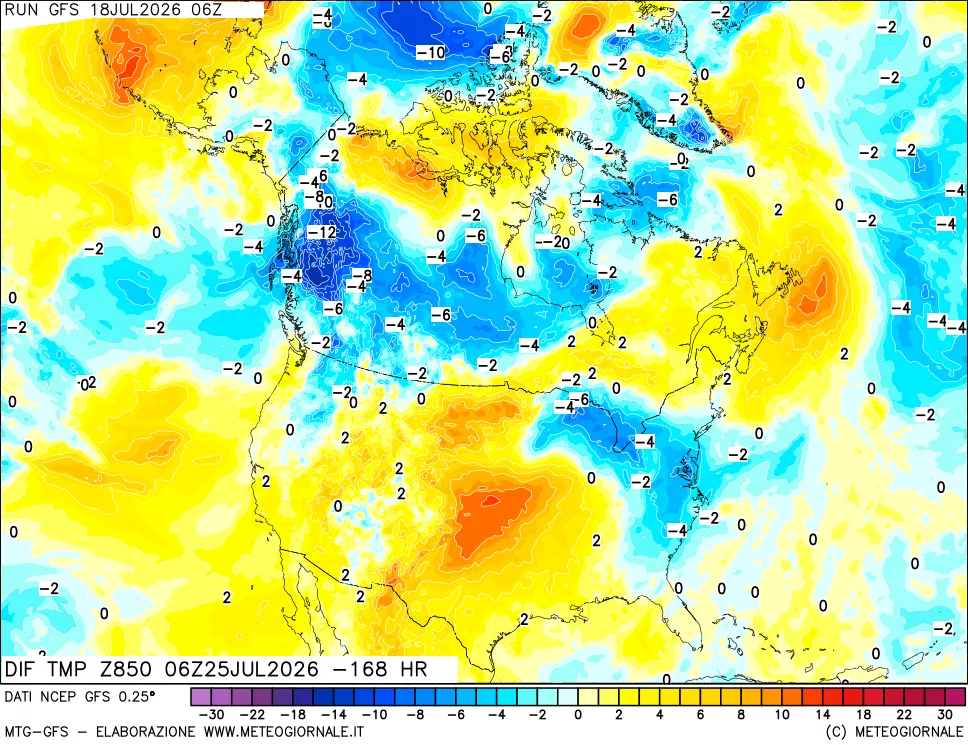 mappa Dif. Temp a 850 hPa Valid - Init