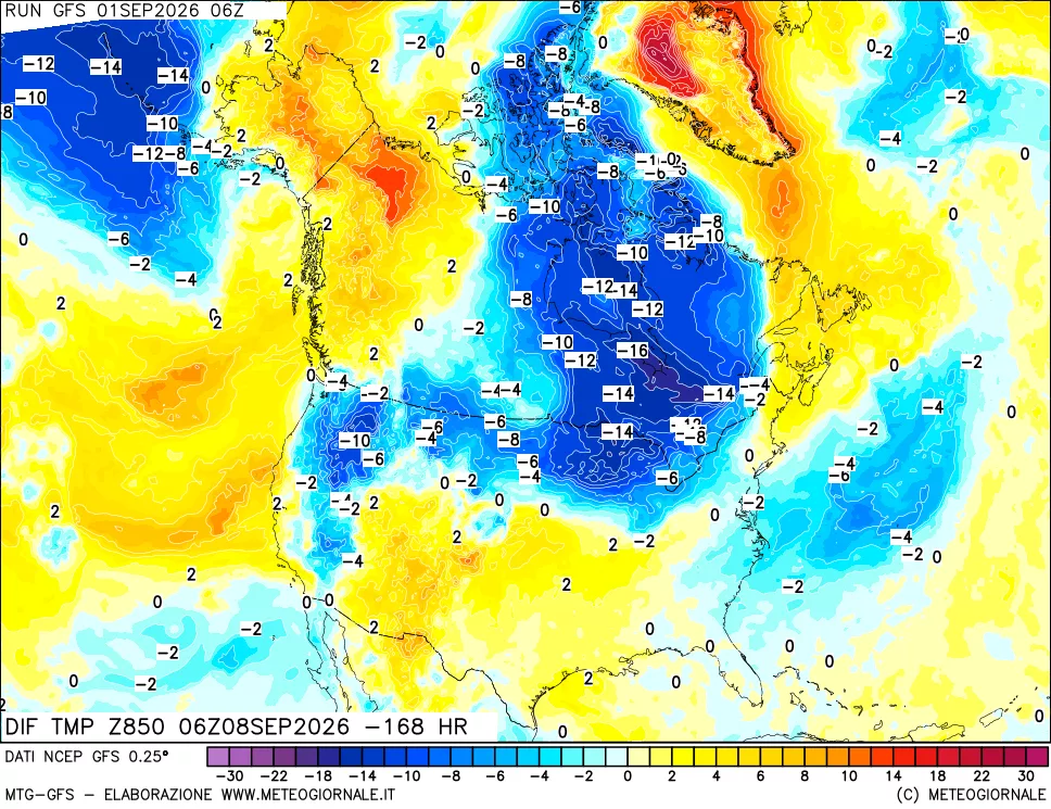 mappa Dif. Temp a 850 hPa Valid - Init