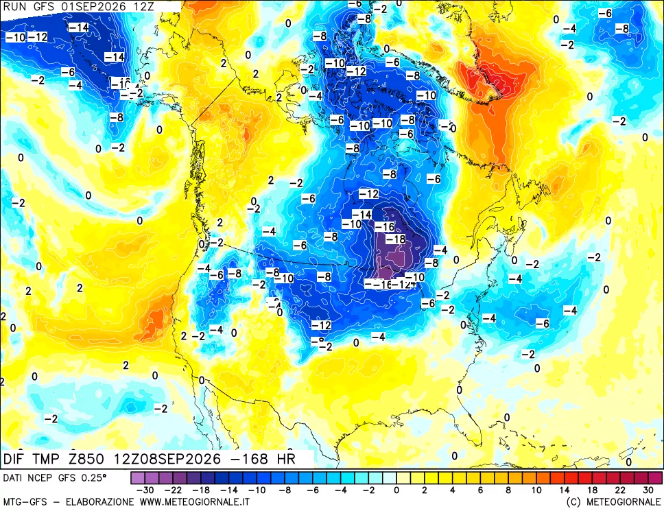 mappa Dif. Temp a 850 hPa Valid - Init